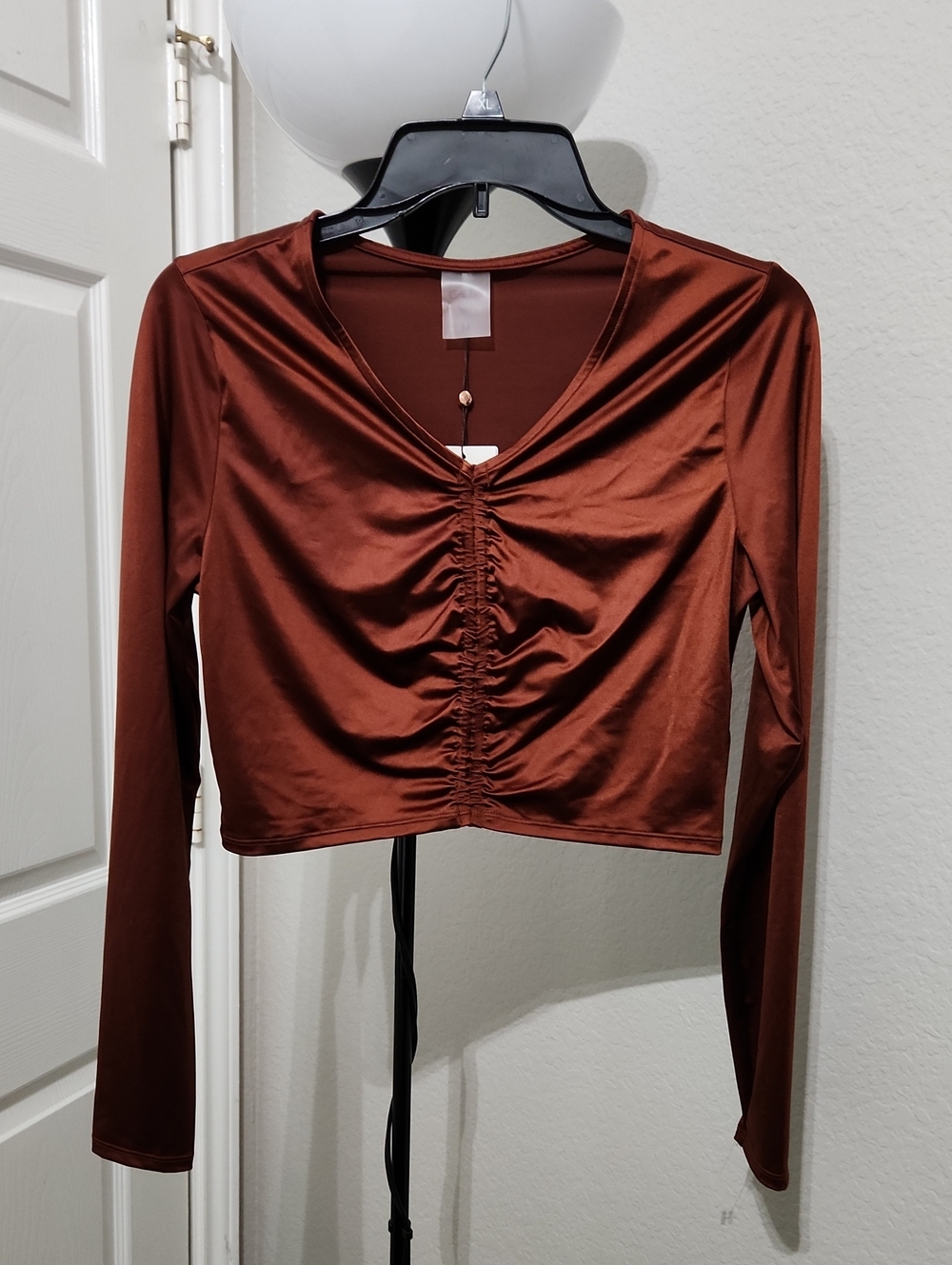 Calia Red Brown Satin Ruched V-Neck Long Sleeve Swim Rashguard Womens Medium